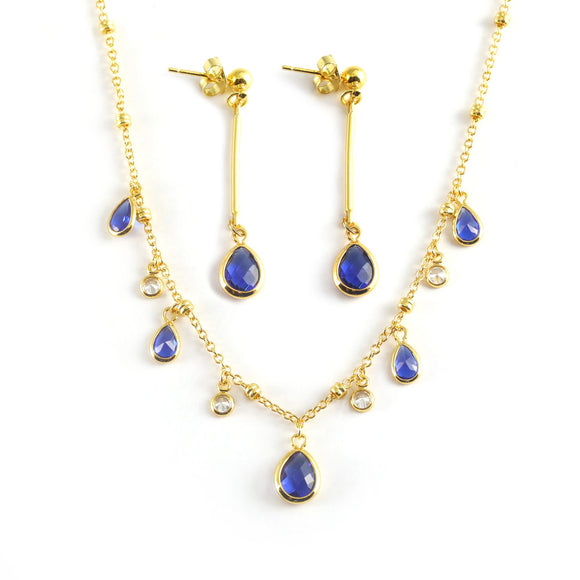 Blue Water Drop 24K Gold-Plated Copper Necklace Barceket Jewelry Set Gift Present for Woman