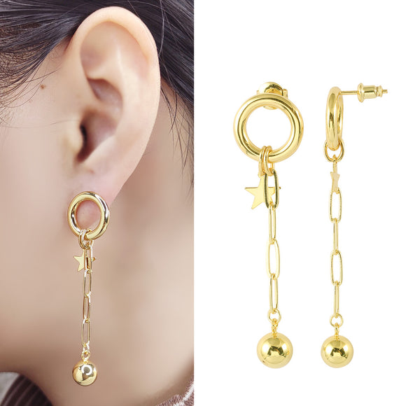 Golden Ball&Star 24K Earrings Drop Gold-Plated Copper Earrings Jewelry Gift Present for Woman E15