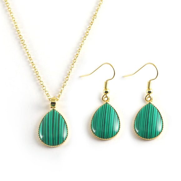 Green & Black Stripe 24K Gold-Plated Copper Necklace Barceket Jewelry Set Gift Present for Woman