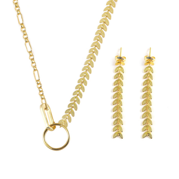 Olive Leaf 24K Gold-Plated Copper Necklace Barceket Jewelry Set Gift Present for Woman