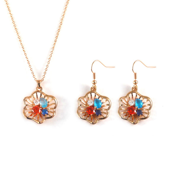 Rose Gold Color Stone Flower 24K Gold-Plated Copper Necklace Earring Jewelry Set Gift Present for Woman