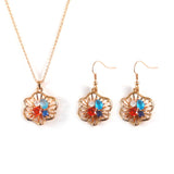 Rose Gold Color Stone Flower 24K Gold-Plated Copper Necklace Earring Jewelry Set Gift Present for Woman