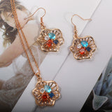 Rose Gold Color Stone Flower 24K Gold-Plated Copper Necklace Earring Jewelry Set Gift Present for Woman
