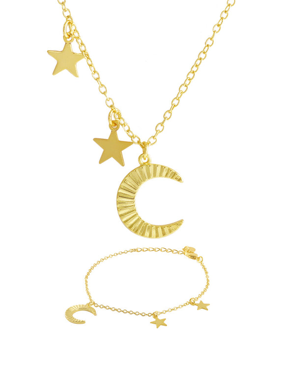 Moon Star Shape 24K Gold-Plated Copper Necklace Barceket Jewelry Set Gift Present for Woman