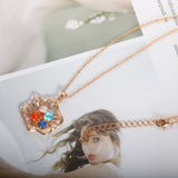 Rose Gold Color Stone Flower 24K Gold-Plated Copper Necklace Earring Jewelry Set Gift Present for Woman