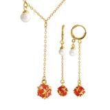 Y Shape Red Stone 24K Gold-Plated Copper Necklace Earring Jewelry Set Gift Present for Woman